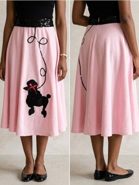 Retro 50s Poodle Applique Pink Circle Skirt Black Sequin Waist Costume Womens SM